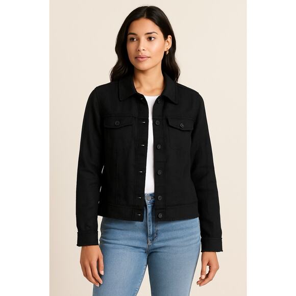 Tommy Bahama Two Palms Linen Raw Edge Jacket Womens Medium Black Raw Hem Trucker - Picture 1 of 10